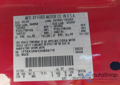 2003 Ford F-150 Lariat/Xl/Xlt z USA, uszkodzony, nr VIN 1FTRX18W53NB56110